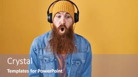  Presentation with music headphones - PPT theme having caucasian-man-with-long-beard and a ocean colored foreground