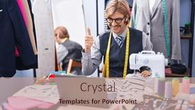  Presentation with sewing machine - Slide set having caucasian-man-with-mustache-dressmaker background and a coral colored foreground