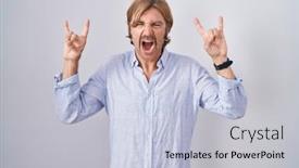  Presentation with rock music - Presentation design with caucasian-man-with-mustache-standing background and a light blue colored foreground