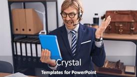  Presentation with call center - Slide deck consisting of caucasian-man-with-mustache-wearing background and a  colored foreground