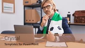  Presentation with supporting - PPT theme featuring caucasian-man-with-mustache-working background and a coral colored foreground