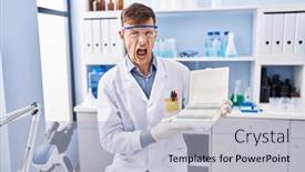  Presentation with mad scientist - PPT theme consisting of caucasian-man-working-at-scientist background and a light blue colored foreground
