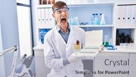  Presentation with mad scientist - Slide deck having caucasian-man-working-at-scientist background and a light blue colored foreground