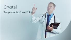  Presentation with medical clipboard - Slide deck having caucasian medical doctor with clipboard and finger up background and a sky blue colored foreground