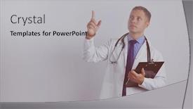  Presentation with medical clipboard - Audience pleasing presentation consisting of caucasian medical doctor with clipboard and finger up backdrop and a light gray colored foreground