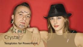  Presentation with teen - Presentation theme with caucasian mid-adult man and teen female standing together looking at viewer background and a coral colored foreground