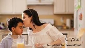  Presentation with race - Presentation theme enhanced with caucasian mother and mixed race african son eating breakfast together background and a coral colored foreground