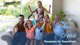  Presentation with living room family - PPT theme with caucasian-multi-generation-family background and a ocean colored foreground