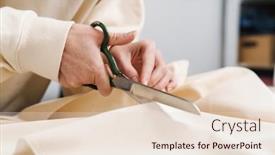  Presentation with fabric - Cool new slides with caucasian-nice-girl-seamstress-cutting backdrop and a lemonade colored foreground