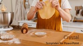  Presentation with pastry chef - Slide set consisting of caucasian-pastry-chef-woman-making background and a gold colored foreground