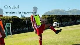  Presentation with soccer fitness - Presentation theme with caucasian-player-looking-at-teammate background and a light blue colored foreground