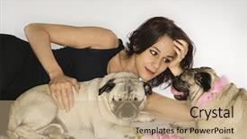  Presentation with dogs - Slide set enhanced with caucasian prime adult female with two pug dogs background and a coral colored foreground