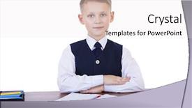  Presentation with school desk - PPT theme with caucasian school boy at his desk on white background with copy space - bored student boy reading book or textbook background and a white colored foreground