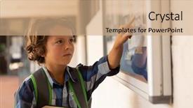  Presentation with noticeboard - Presentation design having caucasian schoolboy pointing at noticeboard background and a coral colored foreground