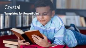  Presentation with school elementary - PPT theme featuring caucasian-schoolboy-reading-book-lying and a  colored foreground