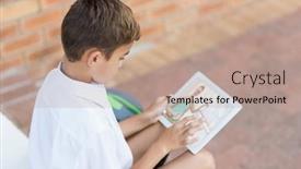  Presentation with digital self - Beautiful presentation theme featuring caucasian-schoolboy-using-digital-tablet backdrop and a coral colored foreground