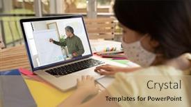  Presentation with face mask - Amazing PPT theme having caucasian-schoolgirl-wearing-face-mask backdrop and a coral colored foreground