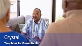  Presentation with assisted living - PPT layouts enhanced with caucasian-senior-man-sharing background and a ocean colored foreground