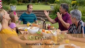  Presentation with family talking - Audience pleasing PPT theme consisting of caucasian-senior-man-sitting backdrop and a coral colored foreground