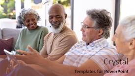  Presentation with assisted living - Presentation design featuring caucasian-senior-man-using-digital background and a coral colored foreground