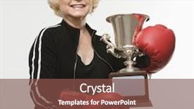  Presentation with trophy - Audience pleasing PPT theme consisting of caucasian senior woman wearing boxing gloves holding trophy backdrop and a tawny brown colored foreground