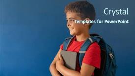  Presentation with school technology - Slide set having caucasian-smiling-boy-with-backpack background and a ocean colored foreground