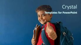 Presentation with childhood - PPT theme enhanced with caucasian-smiling-boy-with-books background and a ocean colored foreground