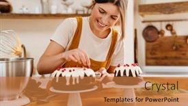  Presentation with pastry chef - PPT layouts having caucasian-smiling-pastry-chef-woman background and a coral colored foreground