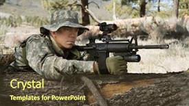  Presentation with lets get ready - Audience pleasing PPT theme consisting of caucasian solider ready to shoot backdrop and a tawny brown colored foreground