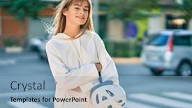  Presentation with sporty - Presentation theme with caucasian-sporty-teenager-girl-smiling background and a light blue colored foreground