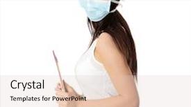  Presentation with viruses - Colorful theme enhanced with caucasian student woman with mask on her face she is defending her self from viruses isolated on white backdrop and a lemonade colored foreground