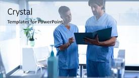  Presentation with healthcare workers - Presentation design with caucasian surgeons discussing over medical background and a light blue colored foreground