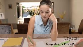  Presentation with homework - PPT layouts enhanced with caucasian-teenager-girl-sitting background and a coral colored foreground