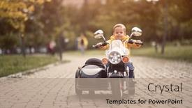  Presentation with motorcycle - Presentation design featuring caucasian-toddler-driving-replica background and a coral colored foreground
