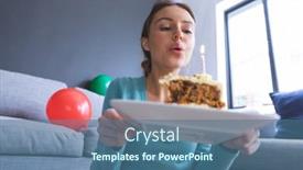  Presentation with birthday party - Amazing PPT theme having caucasian-woman-at-home-celebrating backdrop and a ocean colored foreground