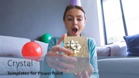  Presentation with birthday party - Audience pleasing PPT theme consisting of caucasian-woman-at-home-celebrating backdrop and a teal colored foreground