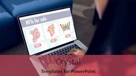  Presentation with research finance - Presentation design featuring caucasian-woman-buying-non-fungible background and a  colored foreground