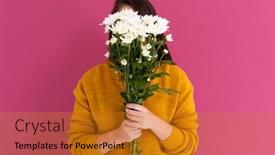  Presentation with pink colour - PPT layouts with caucasian-woman-covering-her-face background and a gold colored foreground