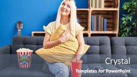  Presentation with movie popcorn - Presentation design having caucasian-woman-eating-popcorn-watching background and a  colored foreground