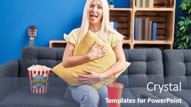  Presentation with movie popcorn - PPT theme enhanced with caucasian-woman-eating-popcorn-watching background and a  colored foreground