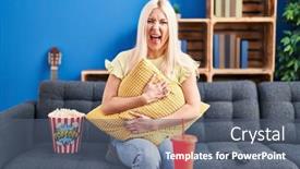  Presentation with popcorn movie - PPT theme with caucasian-woman-eating-popcorn-watching background and a ocean colored foreground