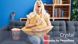  Presentation with movie popcorn - PPT theme enhanced with caucasian-woman-eating-popcorn-watching background and a ocean colored foreground