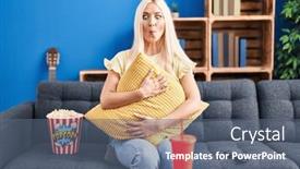  Presentation with movie popcorn - Slide set having caucasian-woman-eating-popcorn-watching background and a ocean colored foreground