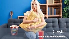  Presentation with movie popcorn - Presentation theme enhanced with caucasian-woman-eating-popcorn-watching background and a ocean colored foreground