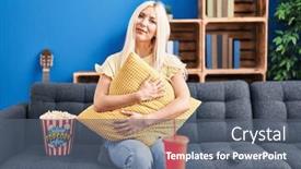  Presentation with popcorn movie - PPT theme consisting of caucasian-woman-eating-popcorn-watching background and a gray colored foreground