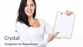  Presentation with finger point - PPT layouts enhanced with caucasian woman finger point to clipboard background and a sky blue colored foreground