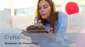  Presentation with party candles - Cool new slide deck with caucasian-woman-having-birthday-video backdrop and a light blue colored foreground