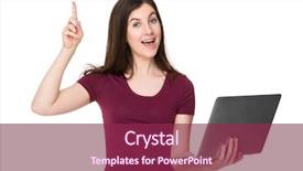  Presentation with finger point - Beautiful presentation design featuring caucasian woman hold with laptop computer and finger point up backdrop and a violet colored foreground