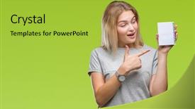  Presentation with blank - PPT theme with caucasian woman holding blank notebook background and a yellow colored foreground