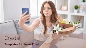  Presentation with puffing - Presentation design having caucasian-woman-holding-bouquet background and a coral colored foreground